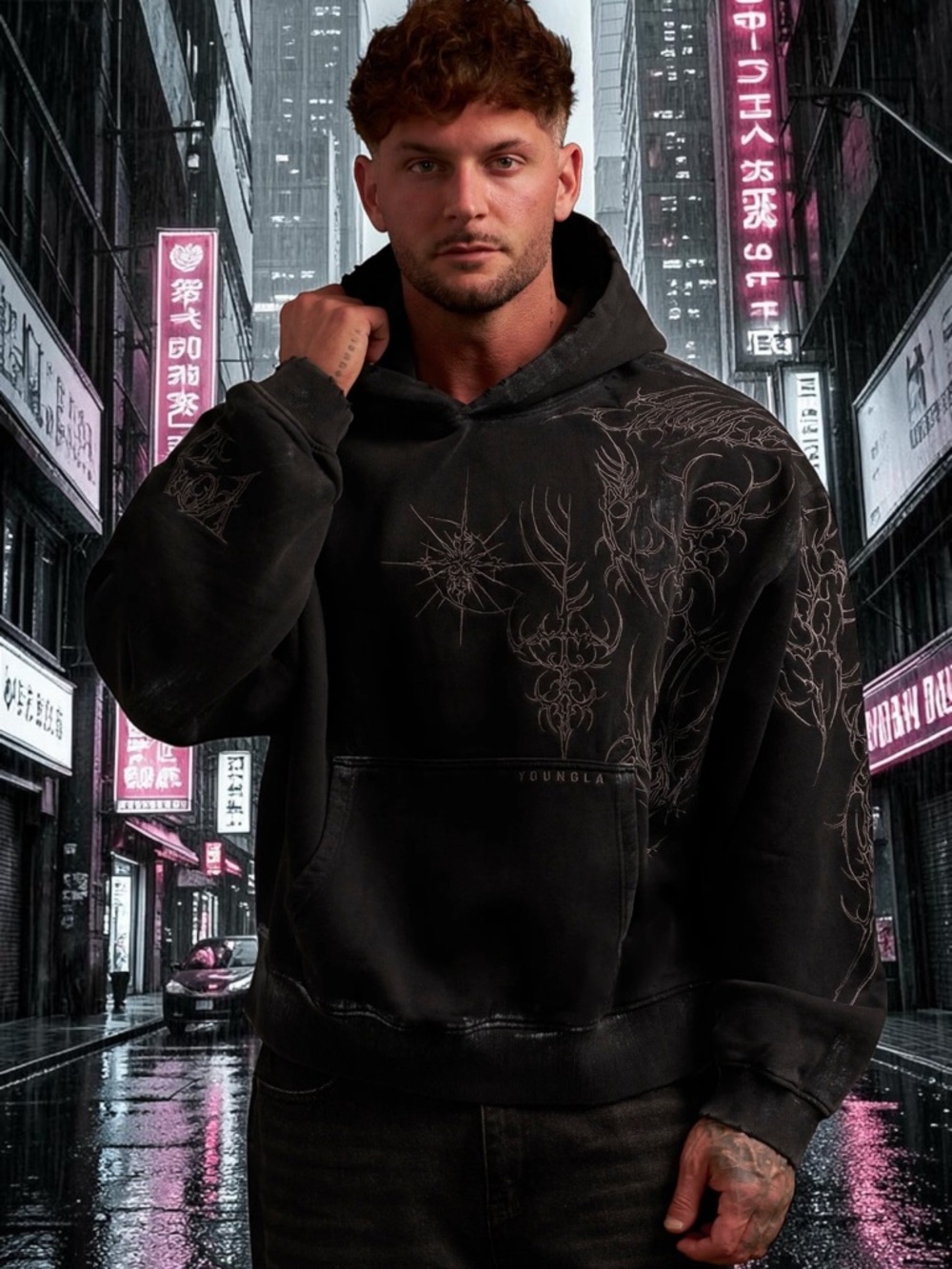 YOUNGLA (SOLD OUT) - 5057 - CYBERPUNK HOODIES - Black WASH - large